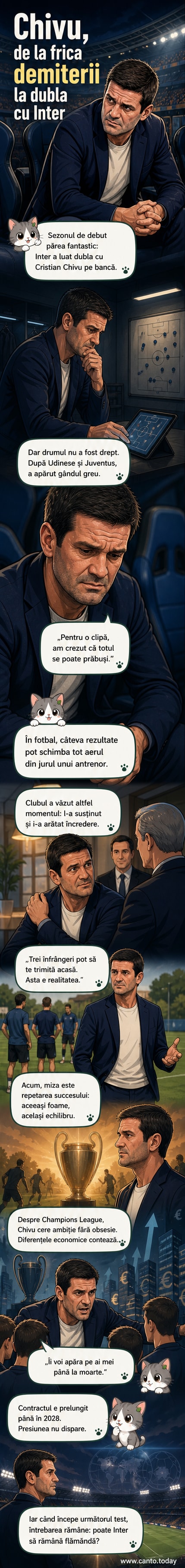 Cristian Chivu în echipament Inter, cu o expresie concentrată, înconjurat de jucători și trofee simbolice.