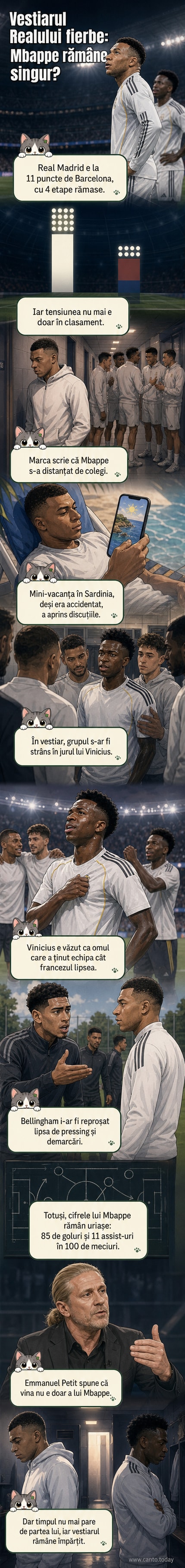 Ilustrație stilizată a lui Kylian Mbappé și Vinicius Junior în vestiarul lui Real Madrid, cu coechipieri în fundal, unii întorcându-i spatele lui Mbappé, simbolizând tensiunea internă.