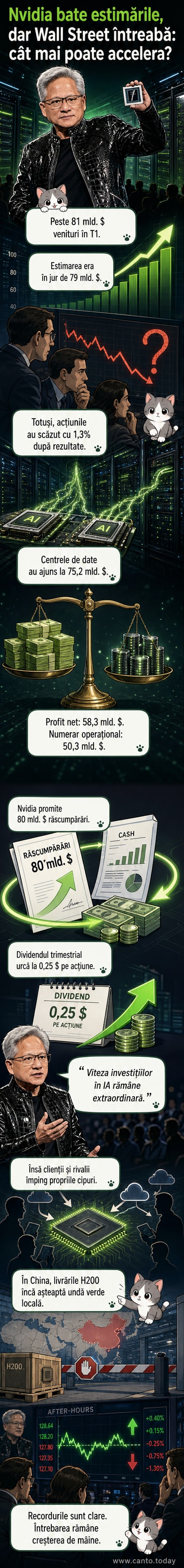 Ilustrație cu un cip Nvidia în centru, înconjurat de grafice în creștere și o acțiune care scade pe bursă, simbolizând performanța financiară solidă dar reacția negativă a pieței.