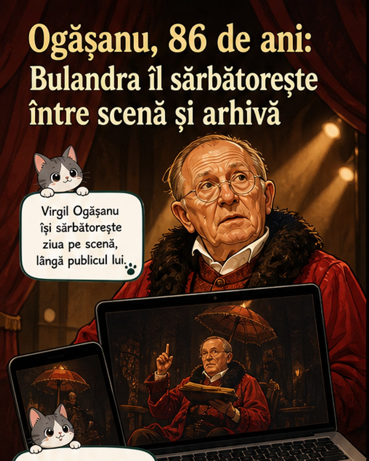 Poster cu portretul lui Virgil Ogășanu și titlul spectacolului „Însemnările unui necunoscut” afișat pe fundalul Teatrului Bulandra