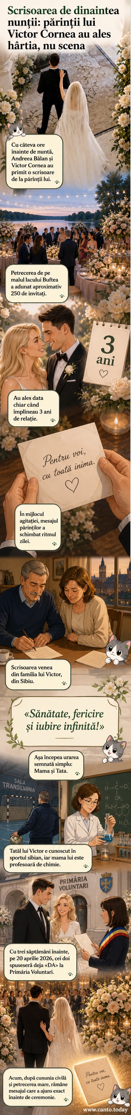 Andreea Bălan și Victor Cornea la nuntă, înconjurăți de flori, cu o scrisoare emoționantă de la părinții lui Victor în mână.