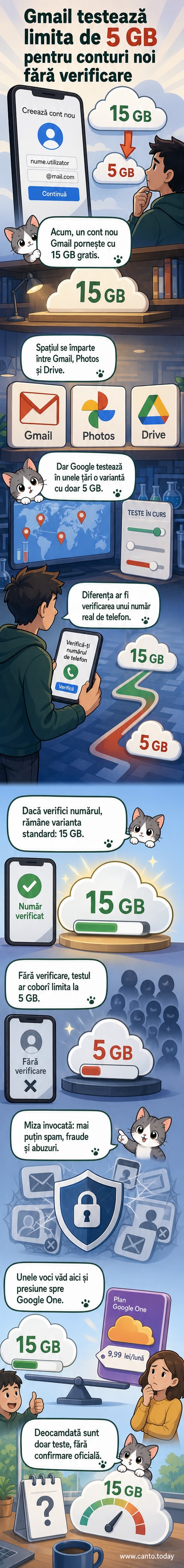 Ilustrație cu un cont Gmail nou care primește doar 5 GB spațiu gratuit dacă nu confirmă un număr de telefon.