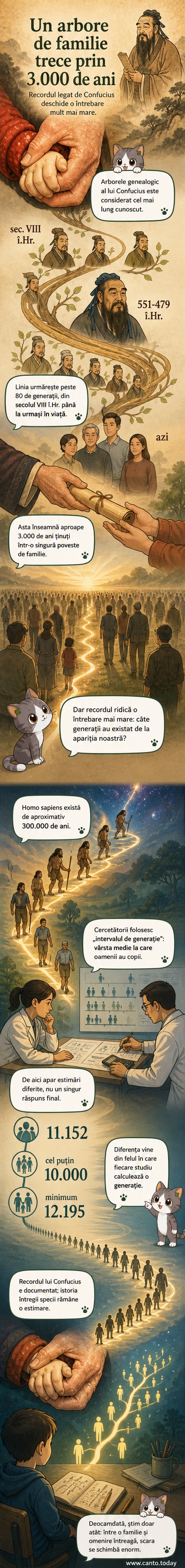 Ilustrație a unui arbore genealogic stilizat care se ramifică prin timp, cu Confucius marcat în antichitate și descendenți în prezent, pe fundalul unei cronologii de 3.000 de ani.