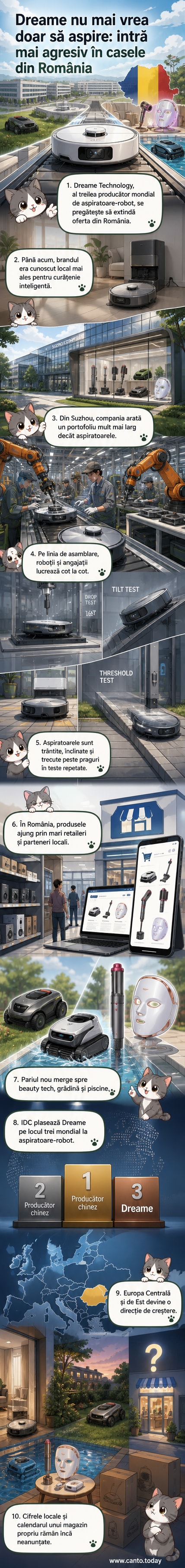 Ilustrație cu un robot aspirator, un robot de tuns gazonul și un aparat de coafat inteligent, într-o casă modernă, cu logo-ul Dreame în fundal.