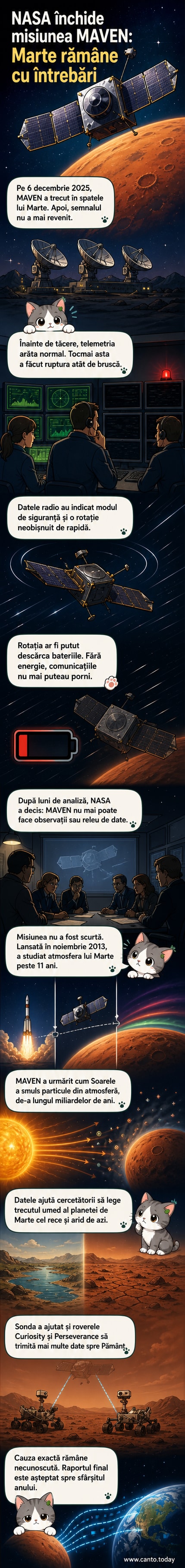 Ilustrație a sondei spațiale MAVEN în orbită în jurul lui Marte, cu atmosfera subțire a planetei în fundal.