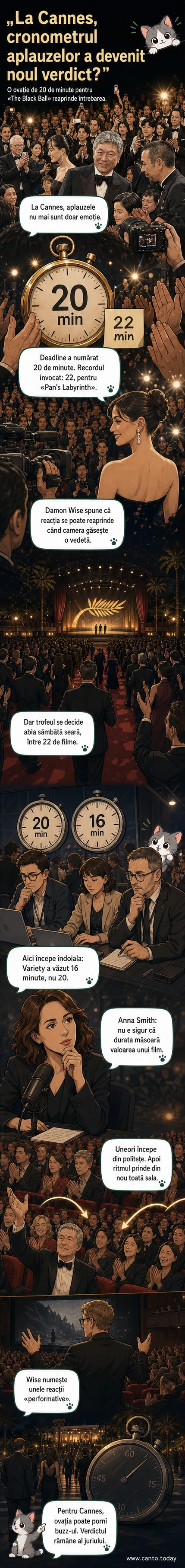 Ilustrație de stil webtoon: sală de cinema la Cannes, public în picioare aplaudând, cu o pancartă care indică „20 de minute” și silueta actriței Penelope Cruz în lumina reflectoarelor.