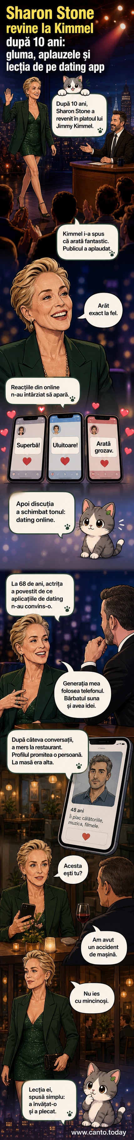 Sharon Stone într-o rochie mini verde și sacou mare, zâmbind pe platoul emisiunii lui Jimmy Kimmel, în fața unui public aplaudând.