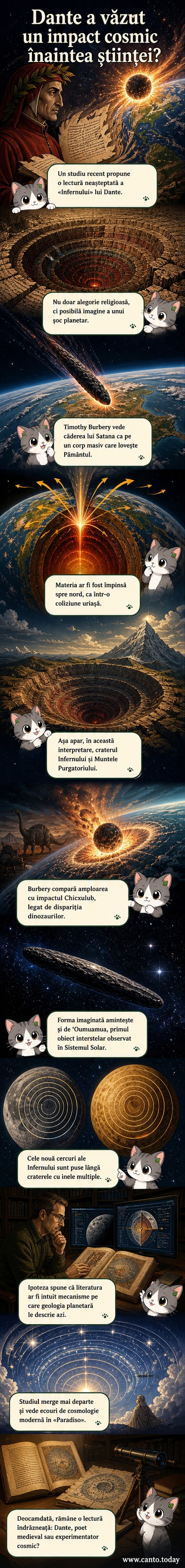 O reprezentare ilustrată a căderii lui Satana în Infernul lui Dante, suprapusă cu un impact cosmic și structura unui crater cu inele multiple, sugerând o legătură între literatură medievală și știința modernă.