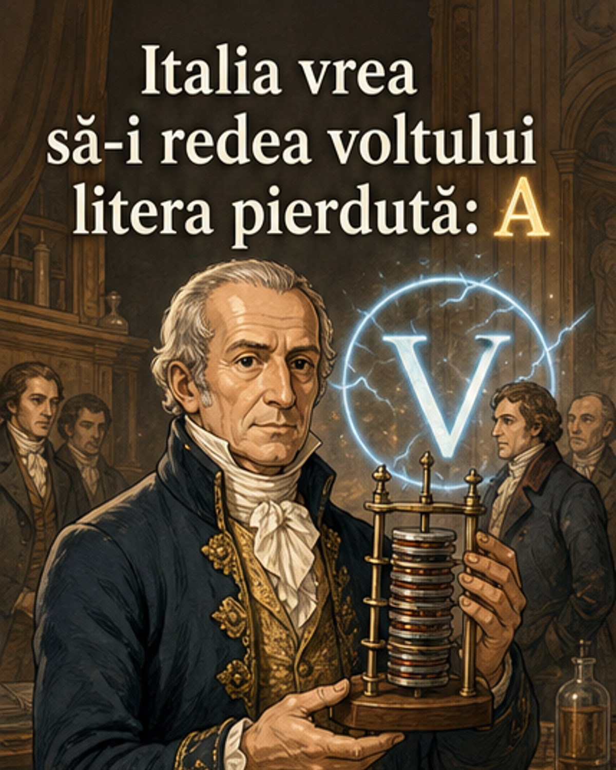 Ilustrație a lui Alessandro Volta lângă bateria sa originală, cu simboluri electrice în fundal și o hartă stilizată a Italiei.