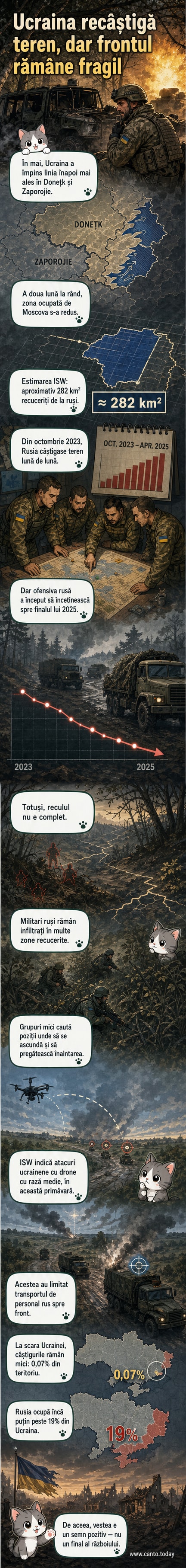 Hartă ilustrată a frontului din Ucraina, cu săgeți care arată avansul forțelor ucrainene în regiunile Donețk și Zaporijia în aprilie și mai 2026.