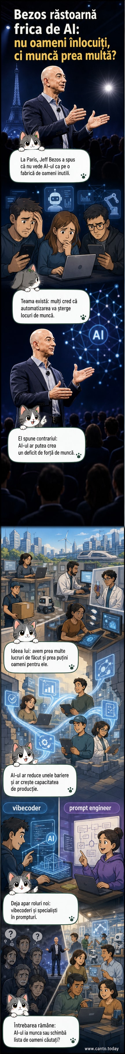 Ilustrație cu Jeff Bezos vorbind la un microfon în fața unui ecran digital care arată simboluri de inteligență artificială și oameni colaborând cu roboți în fundal.
