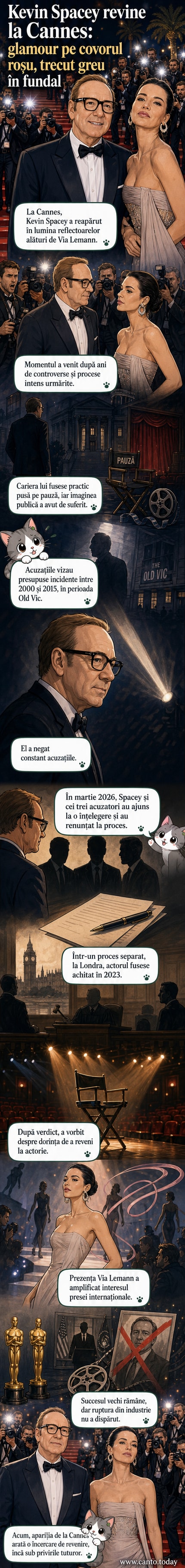 Kevin Spacey și modelul Via Lemann pe covorul roșu la Cannes, 2026, zâmbind și privind în direcția camerelor.