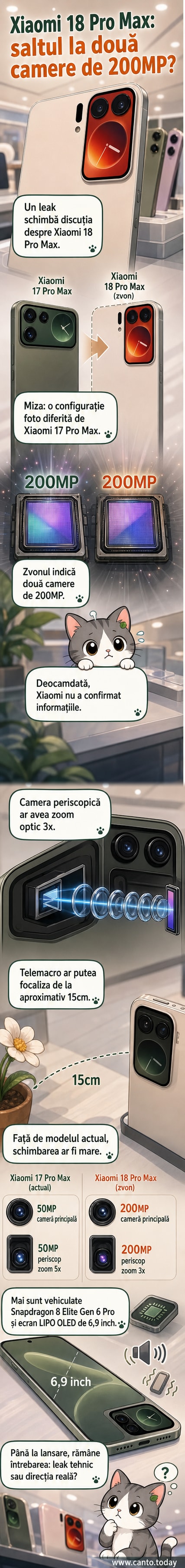 Ilustrație a unui smartphone Xiaomi 18 Pro Max cu două camere mari în spate, evidențiind senzorii de 200MP și funcția telephoto periscopică.