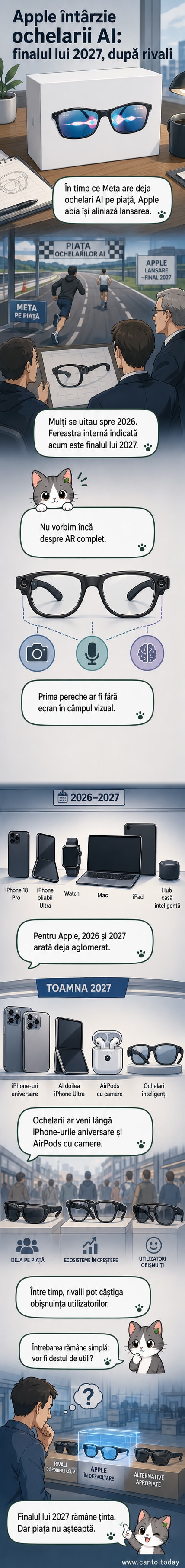 Ilustrație cu ochelari inteligenti Apple într-un design minimalist, așezați lângă un iPhone și un Apple Watch, pe fundal albastru-tehnologic