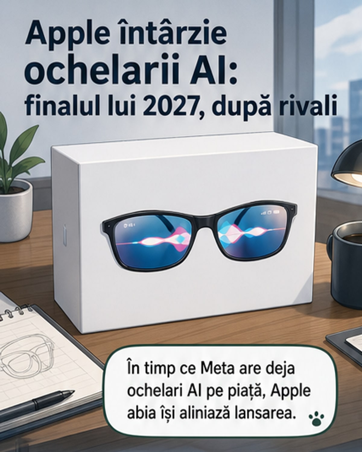Ilustrație cu ochelari inteligenti Apple într-un design minimalist, așezați lângă un iPhone și un Apple Watch, pe fundal albastru-tehnologic