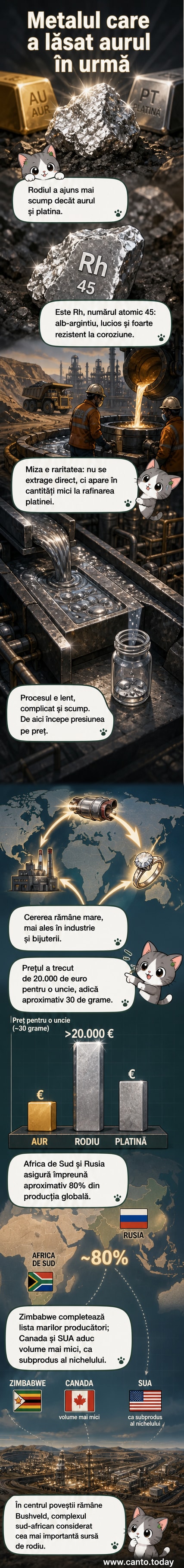Ilustrație cu o uncie de rodiu lustruit, pe fundal o hartă cu Africa de Sud și Rusia evidențiate ca mari producători