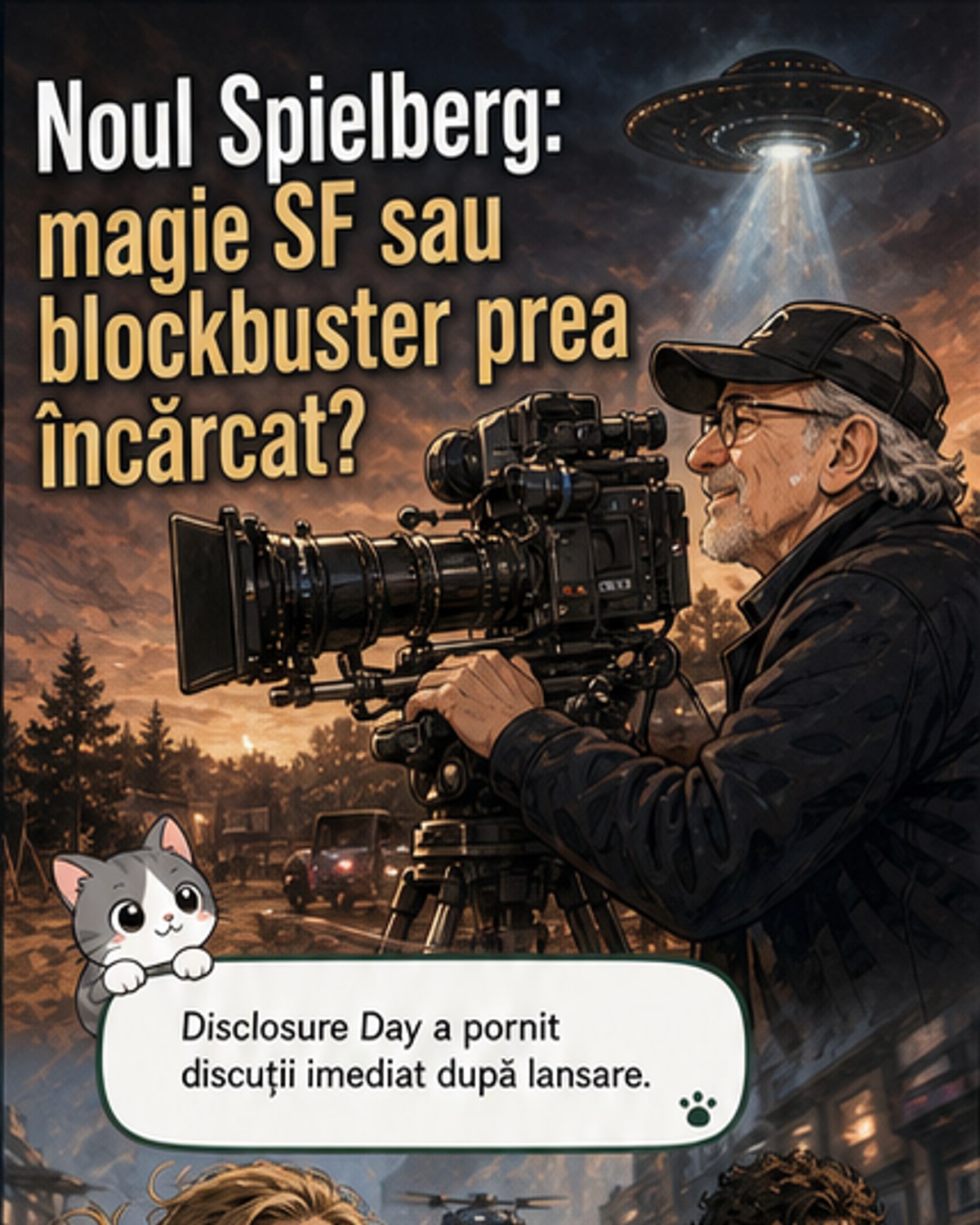 Regizorul Steven Spielberg pe platourile de filmare ale noului său film 'Ziua Dezvăluirii', cu o cameră de film în mână, înconjurat de echipa tehnică.