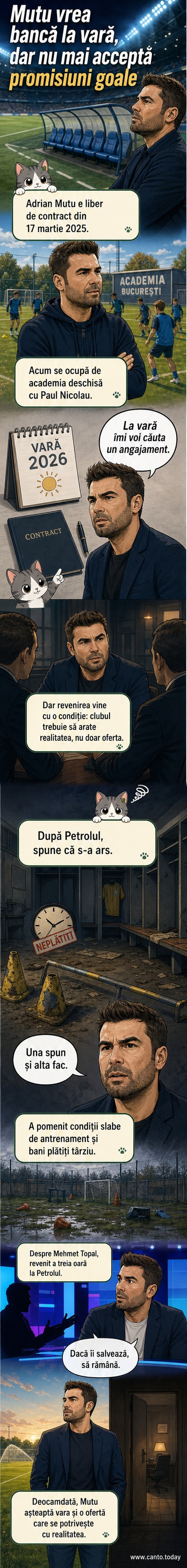 Ilustrație cu Adrian Mutu în haine de antrenor, stând lângă o tablă tactică cu o schemă de joc, privind în direcția stadionului.
