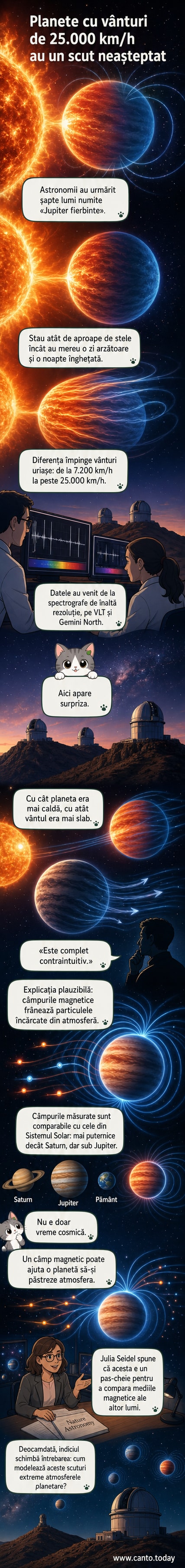 Ilustrație a unei exoplanete din categoria „Jupiter fierbinte”, cu atmosferă turbulentă și linii de câmp magnetic vizibile, în fața unei stele strălucitoare.