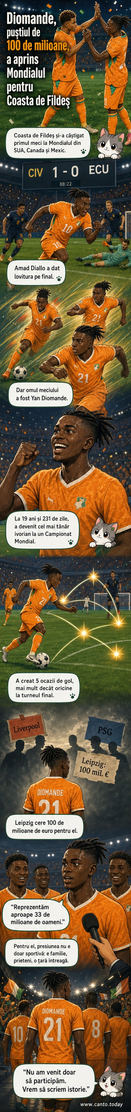 Yan Diomande (dreapta) în acțiune pentru Coasta de Fildeș împotriva Ecuadorului la Mondialul 2026, cu fundal de fanii entuziaști