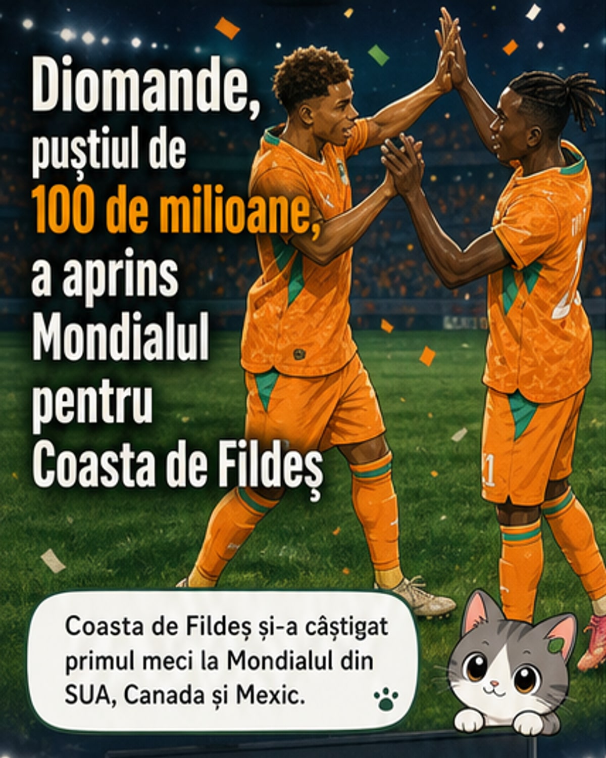 Yan Diomande (dreapta) în acțiune pentru Coasta de Fildeș împotriva Ecuadorului la Mondialul 2026, cu fundal de fanii entuziaști