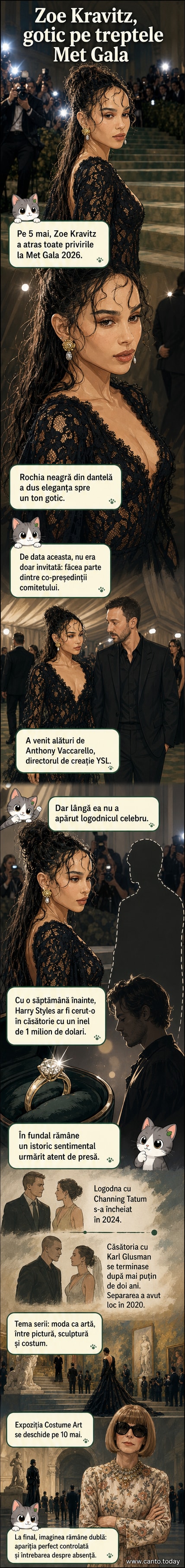 Zoe Kravitz într-o rochie neagră din dantelă cu transparențe, pe covorul roșu al Met Gala 2026, cu părul coafat elegant și machiaj subtil, într-o postură solemnă.