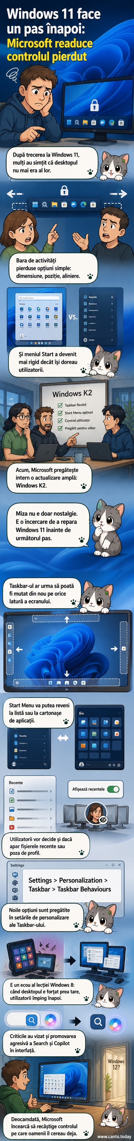 Ilustrație care arată evoluția interfeței Windows: de la Taskbar clasic la versiunea centralizată din Windows 11 și revenirea la opțiuni de personalizare în noul update.