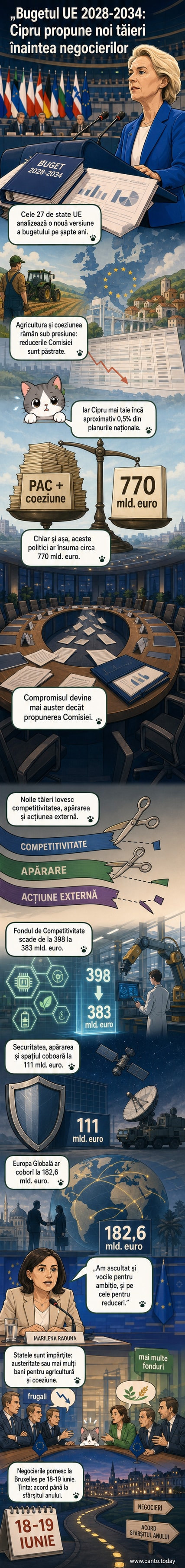 Ilustrație cu harta UE și simboluri de bani tăiați, reprezentând propunerea de buget mai auster pentru 2028-2034