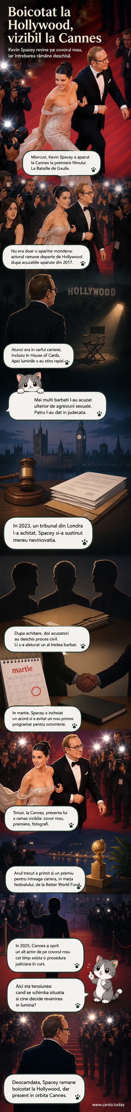 Kevin Spacey pe covorul roșu la Festivalul de la Cannes, alături de modelul Via Lemann, sub lumina reflectoarelor.