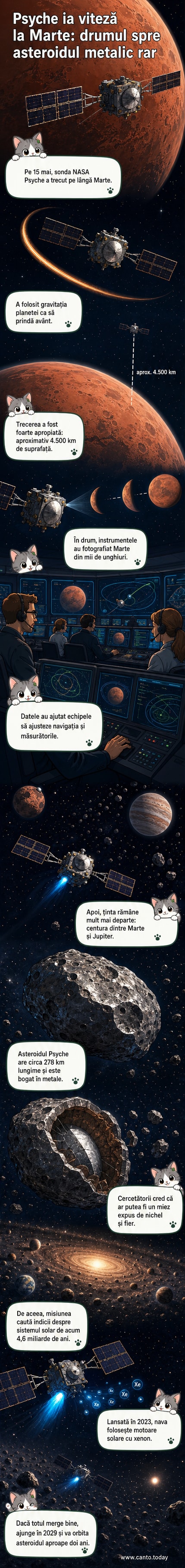 O reprezentare ilustrată a sondei spațiale Psyche trecând de aproape pe lângă Marte, cu planeta roșie în fundal și traiectoria gravitațională marcată printr-o curbă dinamică.