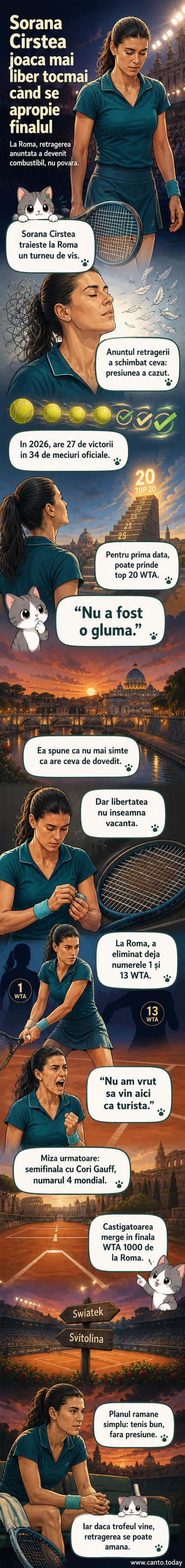 Sorana Cîrstea în semifinalele turneului de la Roma, 2026, jucând cu energie și concentrare pe terenul de tenis.