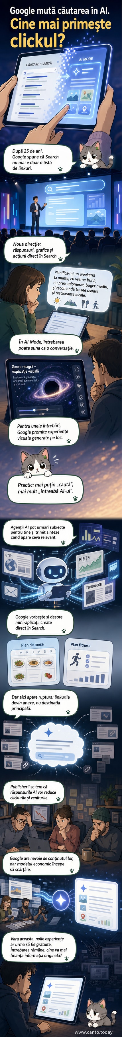 Ilustrație care arată evoluția motorului de căutare Google: de la o listă de linkuri la un chatbot AI care oferă răspunsuri vizuale și interactive în interiorul aplicației.