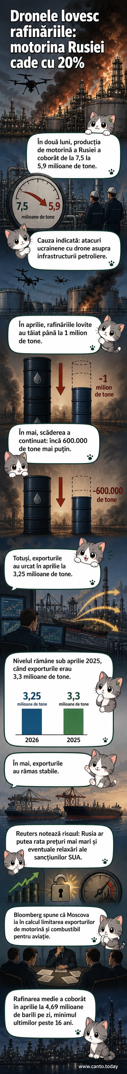 Ilustrare a unei dronă ucrainene atacând o rafinărie de petrol în Rusia, cu coloane de fum și instalații afectate în fundal