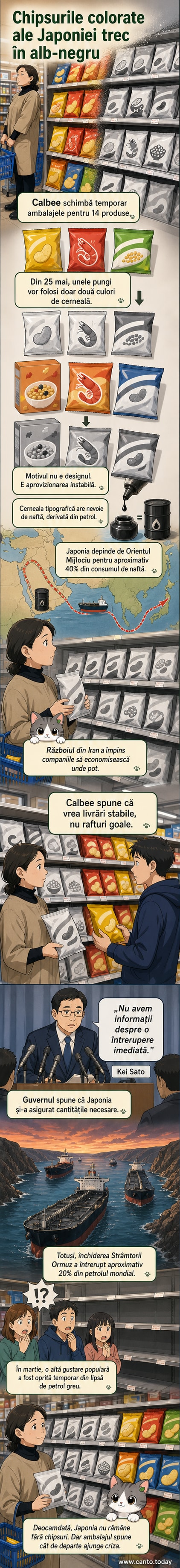 O cutie de chipsuri Calbee cu ambalaj alb-negru stă pe un raft alături de produse colorate, simbolizând schimbarea cauzată de criza de materii prime