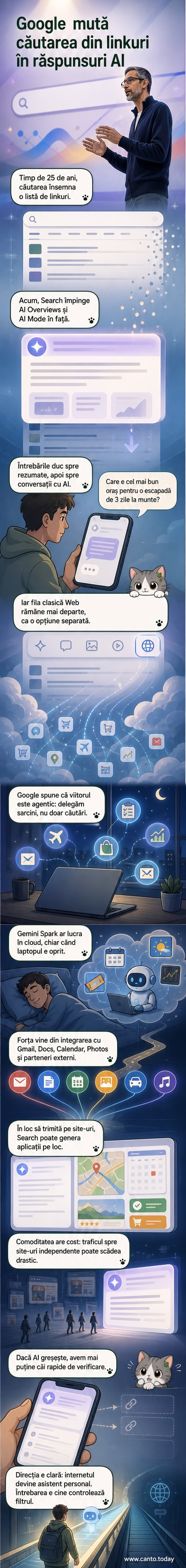 Ilustrație webtoon: interfața Google Search din 2026, cu un chatbot central, rezultate generate de IA și aplicații interactive în loc de linkuri.