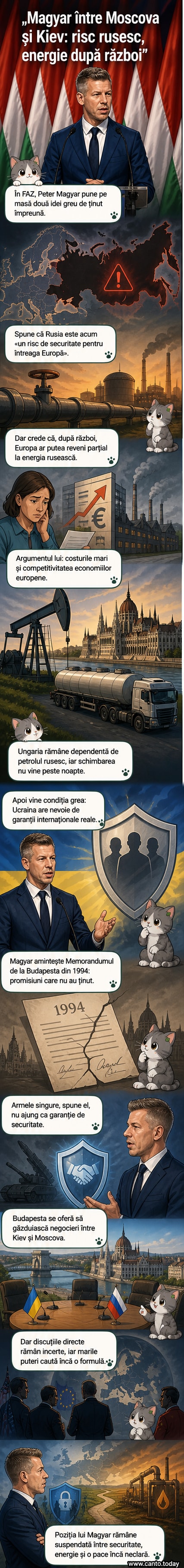 Ilustrație cu premierul Ungariei, Peter Magyar, vorbind despre Rusia ca risc de securitate și energia europeană