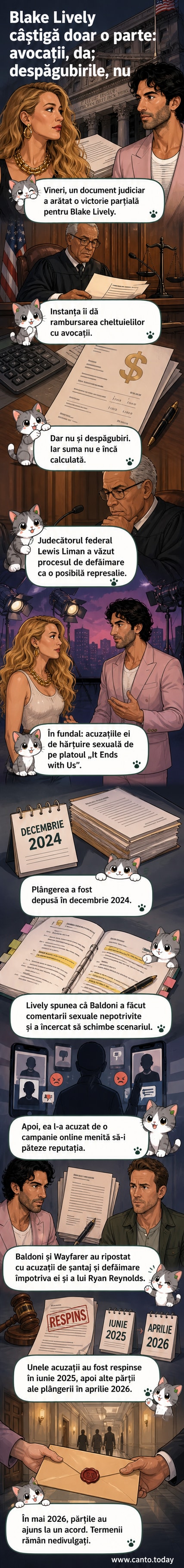 Ilustrație care reprezintă o scenă de tribunal cu Blake Lively și Justin Baldoni în fața judecătorului, simbolizând procesul lor public.