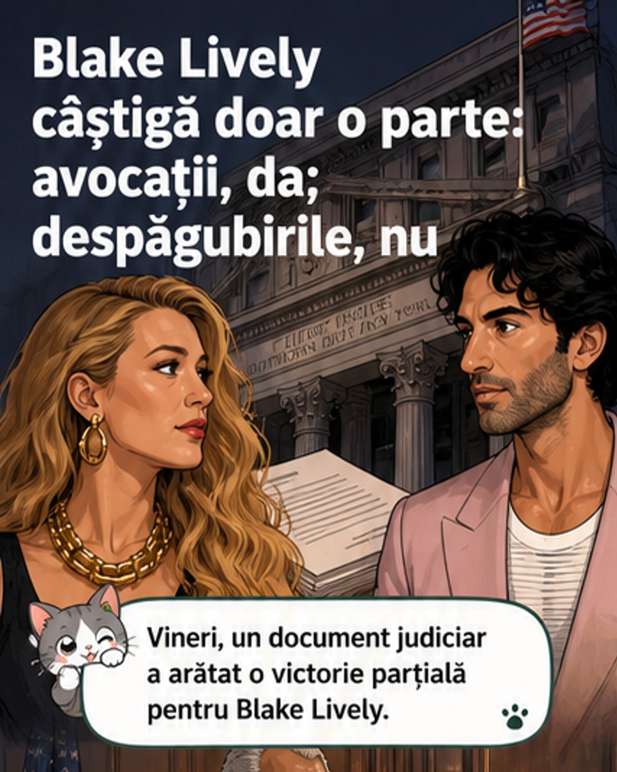 Ilustrație care reprezintă o scenă de tribunal cu Blake Lively și Justin Baldoni în fața judecătorului, simbolizând procesul lor public.