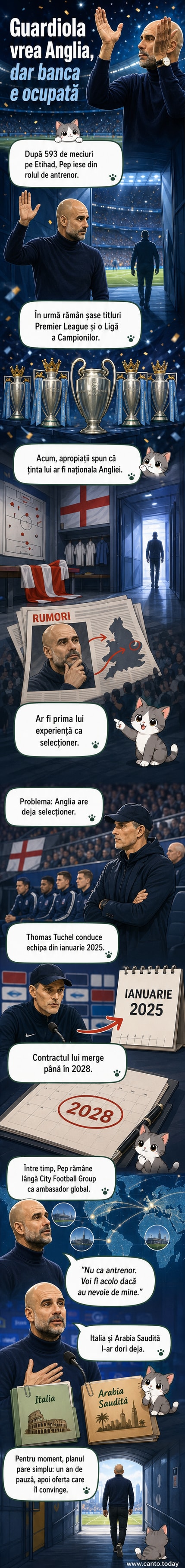 Ilustrație cu Pep Guardiola în haine de antrenor, stând lângă un stadion cu drapelul Angliei în fundal.
