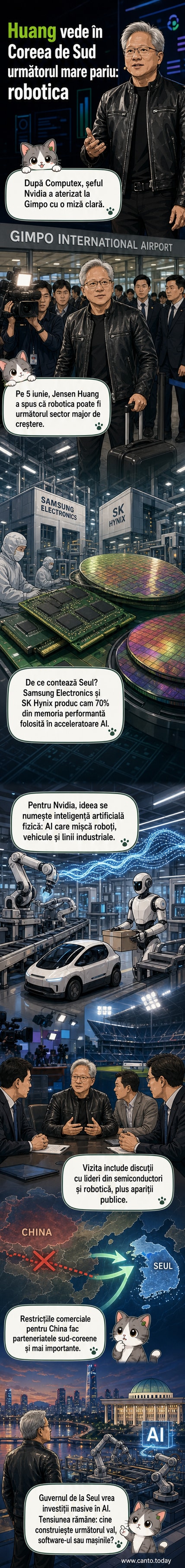 Ilustrație cu Jensen Huang, directorul executiv al Nvidia, stând lângă un robot industrial în fața unui centru de date sud-coreean, cu logo-urile Samsung și SK Hynix în fundal.