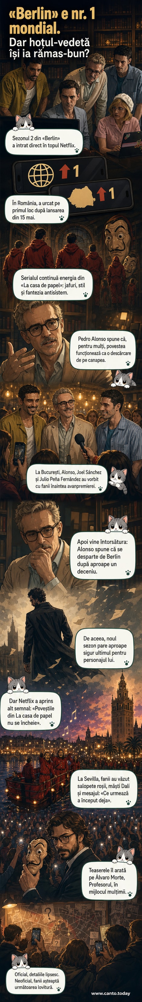 Imagine de promovare cu actorul Pedro Alonso în rolul lui Berlin, într-un decor elegant cu o pictură de Leonardo da Vinci în fundal, și siluete în salopete roșii pe un râu cu poduri iluminate.