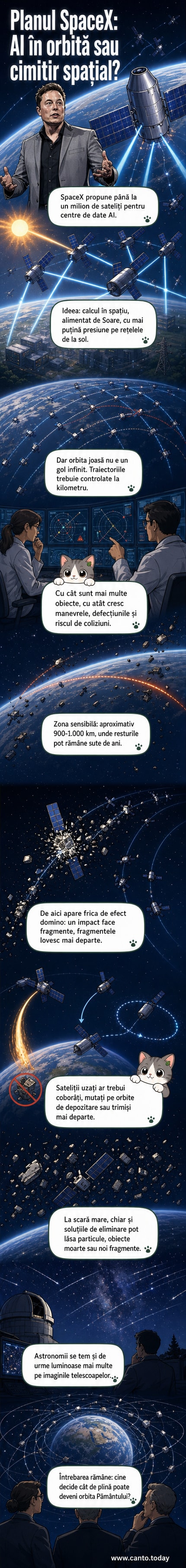 Ilustrație cu o orbită înconjurată de mii de sateliți luminoși, în contrast cu Pământul de dedesubt și stelele din fundal, simbolizând aglomerarea spațială propusă de SpaceX.