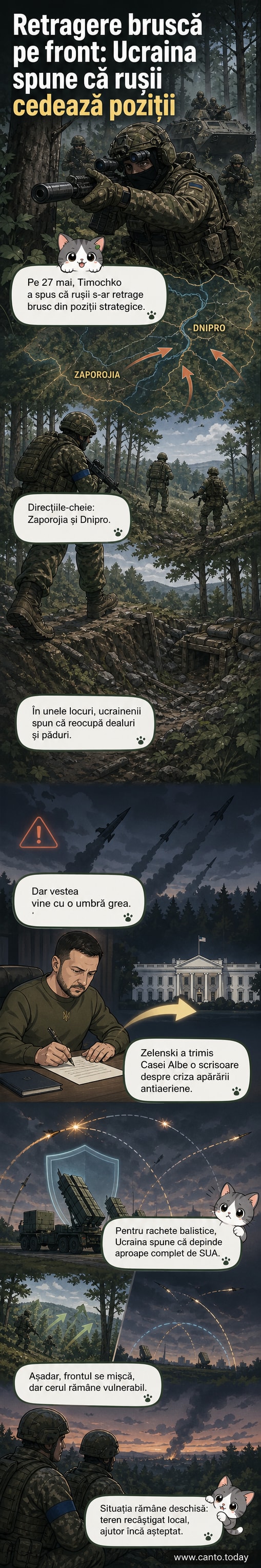 Ilustrație cu soldați ucraineni înaintând pe un câmp de luptă, cu dealuri și păduri în fundal, în timp ce forțele ruse se retrag.