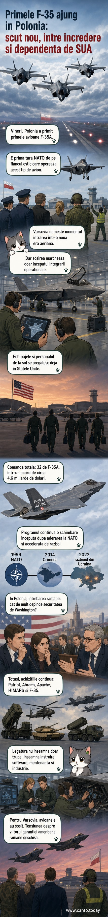 Ilustrație webtoon: un avion F-35 cu inscripția „Husarz” aterizează pe un aerodrom polonez, în fundal steagul SUA și al Poloniei fluturând alături.