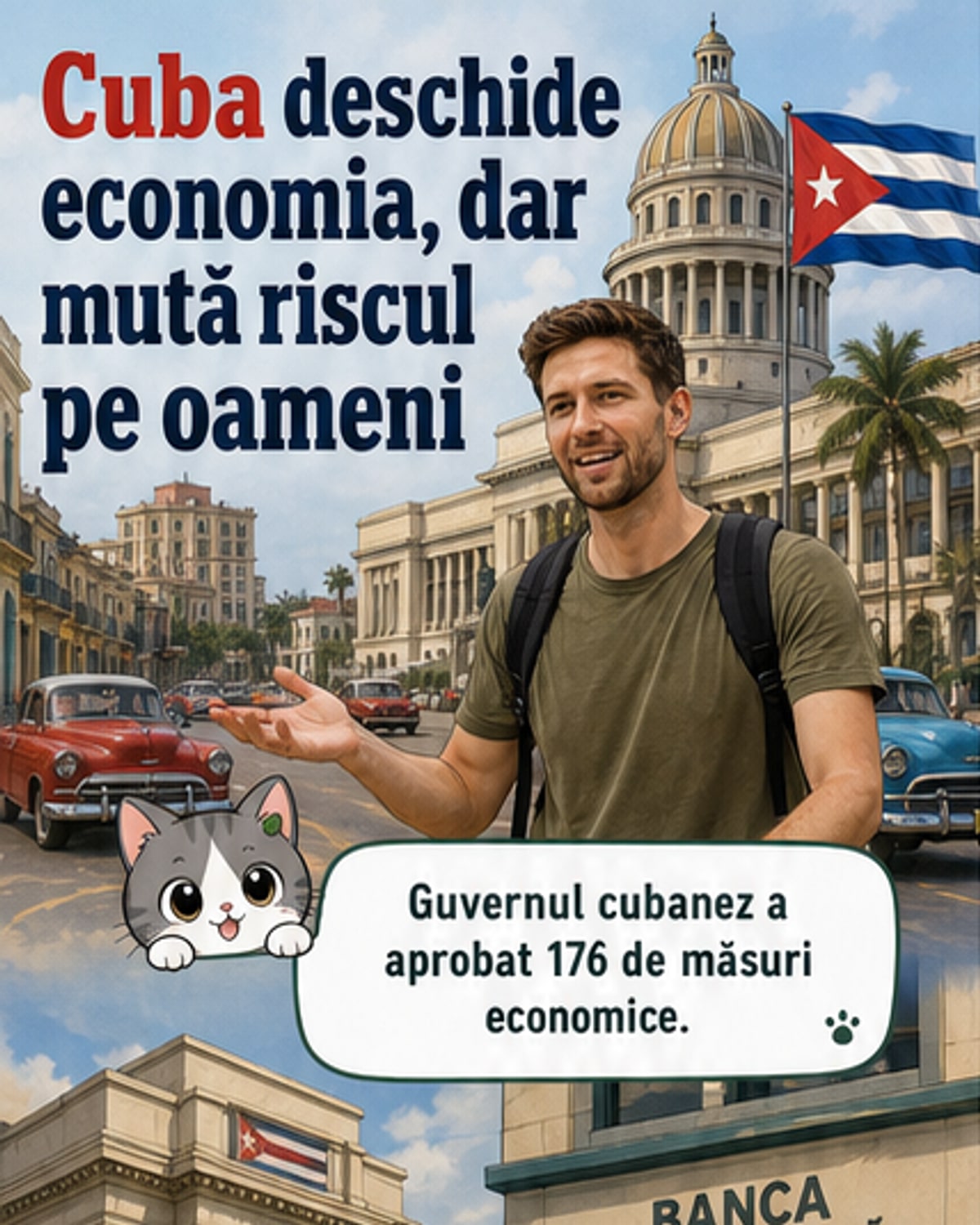 Ilustrație cu un bancomat în Havana, cu stegulețul cubanez în fundal și o diagramă de schimbări economice.