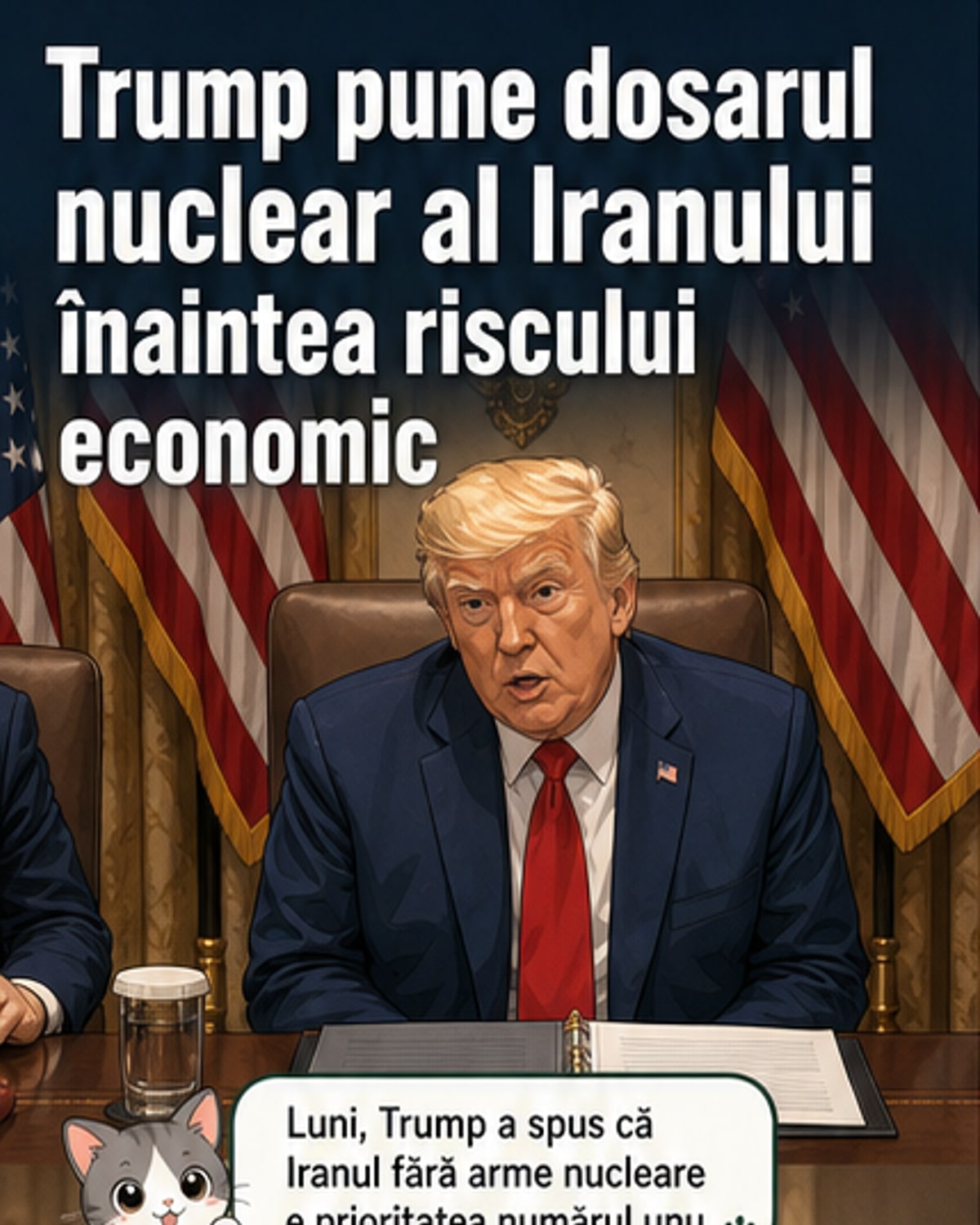 Ilustrație care reprezintă o mână a SUA ținând un buton nuclear, cu Iranul în fundal și o linie de tensiune între economie și securitate.