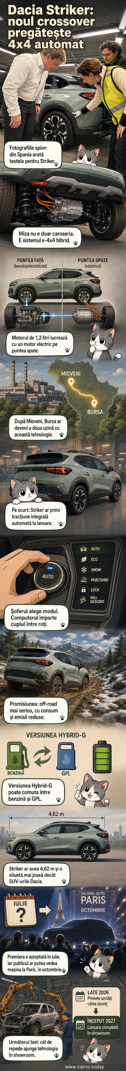 Dacia Striker, un crossover modern cu design ascuțit, faruri LED verticale și detalii de protecție pe laterale, într-o imagine spion din Spania.