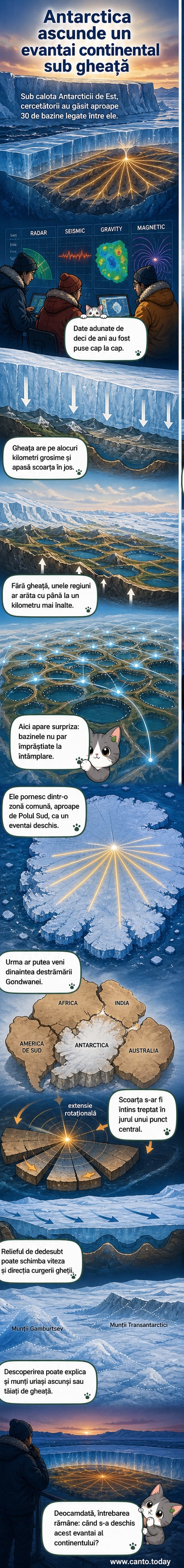 O reprezentare ilustrată a unei structuri geologice în formă de evantai sub calota de gheață a Antarcticii, cu linii radiale indicând bazinele subglaciare care pleacă dintr-un punct central aproape de Polul Sud.