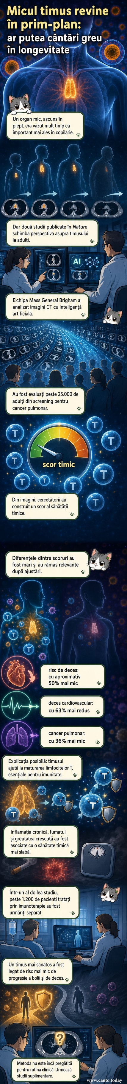 Ilustrație medicală a toracelui uman, cu timusul evidențiat în spatele sternului, alături de celule T în activitate.
