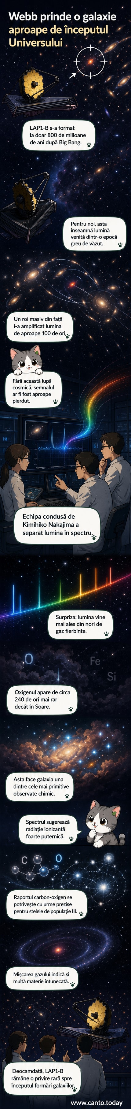 Ilustrare cosmică a galaxiei LAP1-B, cu lentilă gravitațională și spectru de emisie, într-un fundal de stele îndepărtate
